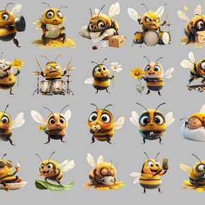 90+ funny bee clipart PNG bundle featuring quirky bumble bee stickers, cute cartoon bees, silly honeybee illustrations, whimsical bee art for scrapbooking, crafts, greeting cards, digital downloads, social media, POD & DIY projects. Transparent background, high-res 300 DPI.