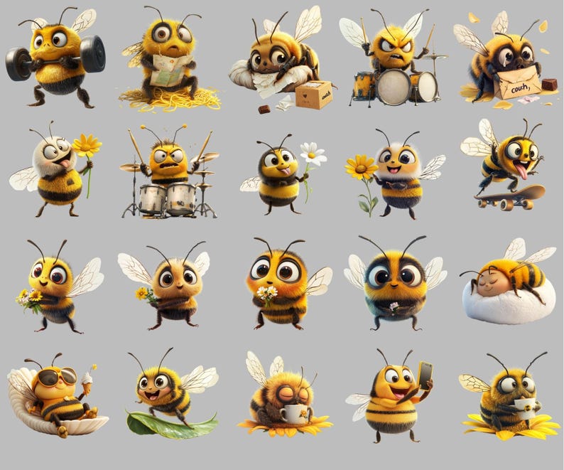 90+ funny bee clipart PNG bundle featuring quirky bumble bee stickers, cute cartoon bees, silly honeybee illustrations, whimsical bee art for scrapbooking, crafts, greeting cards, digital downloads, social media, POD & DIY projects. Transparent background, high-res 300 DPI.