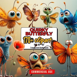 May include: A set of quirky butterfly clip art illustrations. The butterflies are in various colours, including orange, blue, and green, with large, expressive eyes. The image includes the text "Quirky Butterfly 170+ clipart PNG 10"x10" Transparent Background Commercial Use."