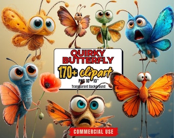 170+ Funny Butterfly Clipart Bundle: Quirky Cartoon Butterfly PNG (Commercial Use - Digital Download)