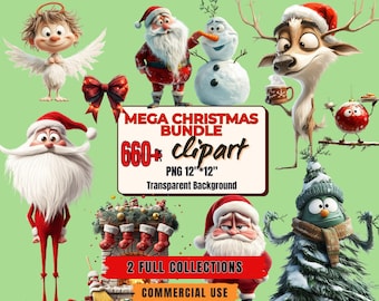 660+ Funny Christmas Clipart Bundle: Quirky Santa PNGs (Transparent Background, Commercial Use)