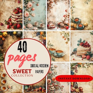Carta digitale da cucina vintage stampabile da 40 pagine, collezione di dolci, pagine di libri di cucina di sfondo, scrapbooking, libro di ricette per la creazione di cartoline