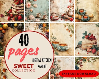 40 Pages Printable Vintage Cooking Kitchen Digital Paper, Sweet Collection, Background Cookbook Pages, Scrapbooking, Card Making Recipe Book