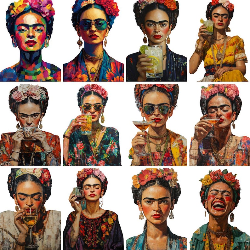 May include: A collage of ten images featuring a woman with a colourful floral crown and a colourful outfit. Each image shows the woman in a different pose, sometimes holding a drink. The woman's face is painted with colourful designs.