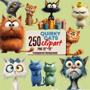 250 chats excentriques clipart PNG drôle de chat clipart - drôles d'illustrations allongées autocollants drôles de chat chat insolite PNG animaux insolites chats lunatiques