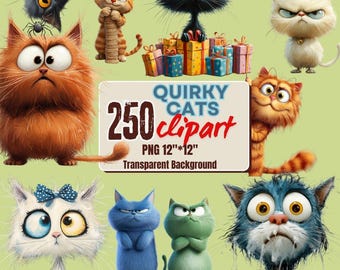 250 Quirky Cat Clipart PNG Funny Cat Clipart - Funny elongated illustrations Funny Cat Stickers Quirky Cat PNG Quirky Animals Whimsical Cats