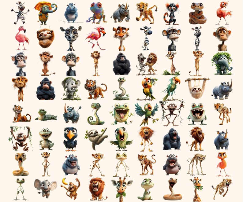 410+ Quirky Jungle Clipart PNG Funny Jungle Clipart - Funny Elongated Illustrations Funny Animal Stickers PNG Quirky Animals Jungle Stickers