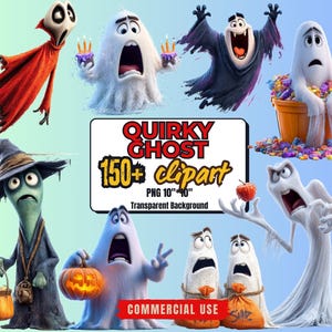 Op de afbeelding: Een verzameling van eigenzinnige spook clipart afbeeldingen. De geesten zijn in verschillende poses en uitdrukkingen, sommige houden voorwerpen vast zoals kaarsen, pompoenen en appels. De tekst "Quirky Ghost 150+ clipart" is ook zichtbaar.