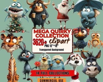 3620+ Mega Digital Clipart Bundle – 14 Collections Clipart PNG - Quirky Clipart Bundle - Quirky Funny Animal Clipart - Holiday Clipart Set