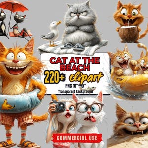 Plus de 220 cliparts insolites de chat de plage - Stickers chat excentrique - chat stupide PNG - Clipart chat drôle - chat plage PNG - Art de chat de vacances - usage Commercial