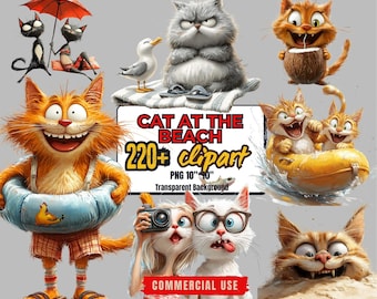 Más de 220 imágenes prediseñadas de gatos playeros: divertidos gráficos PNG de verano (uso comercial - descarga digital)