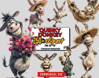 Funny Donkey Clipart Bundle – 250+ Quirky PNG Graphics (Digital Download)