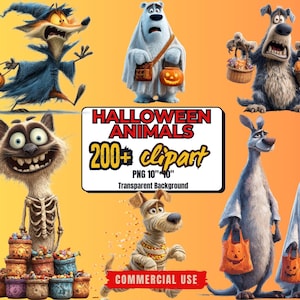 200+ Funny Halloween Animals Stickers Bundle - Transparent Background Quirky Halloween Clipart - Silly Spooky Animals PNG - Digital Download