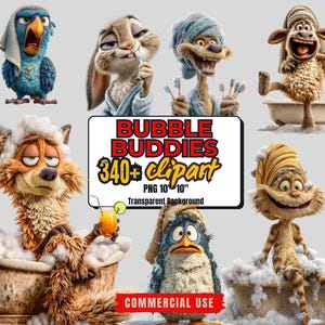 Funny Bath Animal Clipart Bundle: 340+ Quirky PNGs (Commercial Use - Digital Download)