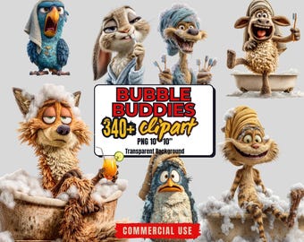 Funny Bath Animal Clipart Bundle: 340+ Quirky PNGs (Commercial Use - Digital Download)