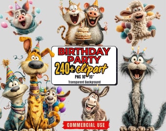 Funny Birthday Animals Clipart Bundle: Quirky Party PNGs (Commercial Use - Digital Download)