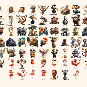 410+ Quirky Jungle Clipart PNG Funny Jungle Clipart - Funny Elongated Illustrations Funny Animal Stickers PNG Quirky Animals Jungle Stickers