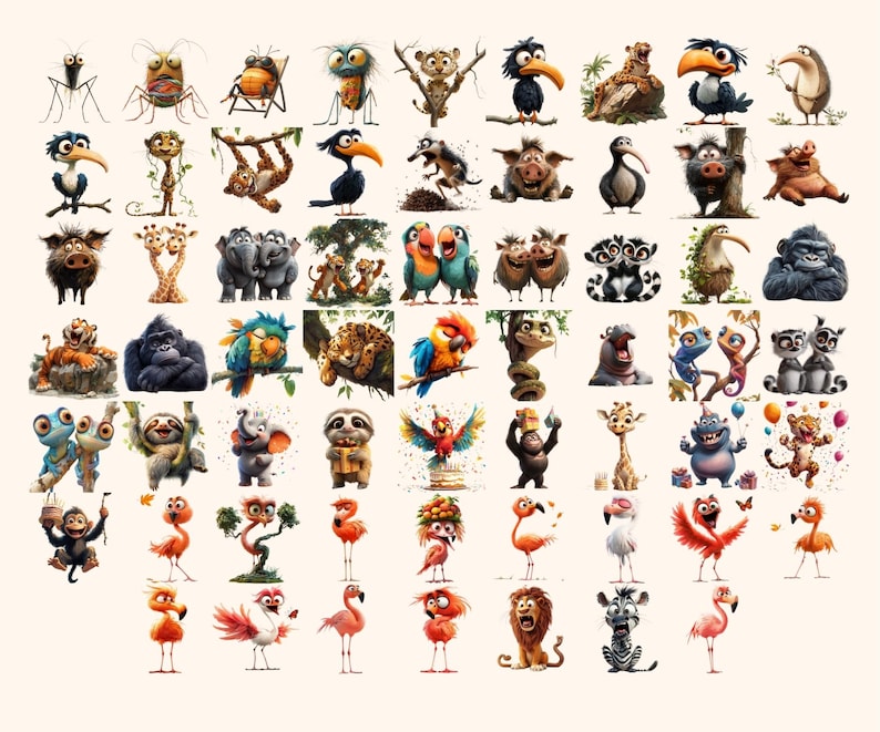 410+ Quirky Jungle Clipart PNG Funny Jungle Clipart - Funny Elongated Illustrations Funny Animal Stickers PNG Quirky Animals Jungle Stickers