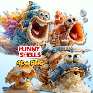 May include: A digital illustration featuring three anthropomorphic seashells with large eyes and expressive faces. One shell is blue and yellow, another is orange, and the third is tan with a blue towel and bubbles. Text reads FUNNY SHELLS 40+ PNG.