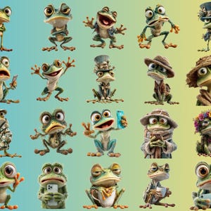 May include: A collection of cartoon frogs in various poses and outfits. Some frogs are wearing hats, holding phones, or dressed in jackets. The frogs are green, brown, and tan, with large eyes and expressive faces. The background is a gradient of blue and yellow.