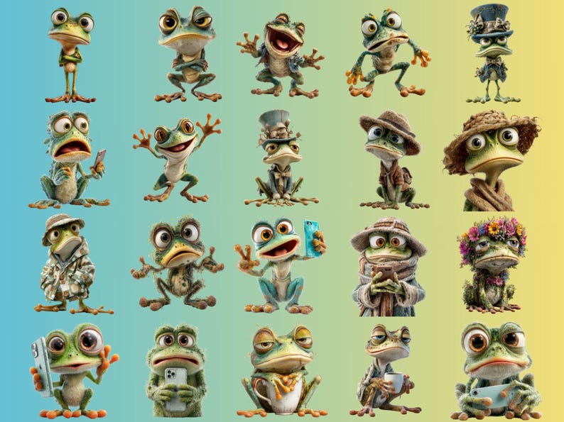May include: A collection of cartoon frogs in various poses and outfits. Some frogs are wearing hats, holding phones, or dressed in jackets. The frogs are green, brown, and tan, with large eyes and expressive faces. The background is a gradient of blue and yellow.