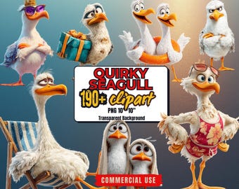 190+ lustige Möwe Clipart Bundle: Schrullige Cartoon Möwe PNG - Strand Vogel Aufkleber