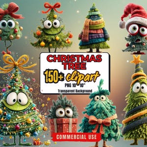 Op de afbeelding: Een verzameling grillige kerstboom clipart afbeeldingen. De bomen zijn afgebeeld met cartoonachtige kenmerken, waaronder grote ogen, strikken en feestelijke versieringen. De afbeelding bevat de tekst "CHRISTMAS TREE 150+ clipart PNG 10*10" Transparent Background COMMERCIAL USE".