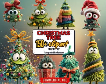 150+ Funny Christmas Tree Clipart Bundle: Quirky Xmas Tree PNG (Transparent Background, Commercial Use)