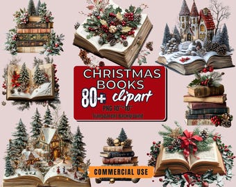 80+ Christmas Book Clipart Bundle: Whimsical Holiday PNGs (Transparent Background, Commercial Use)
