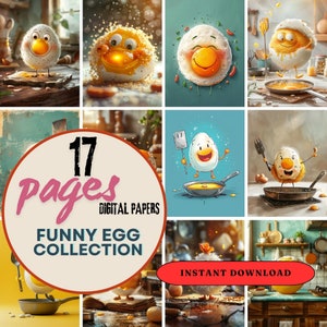 17 Funny Egg Cooking Kitchen Digital Papers - Funny Backgrounds - Kitchen Digital Paper Cookbook Pages, Scrapbooking Card Making Recipe