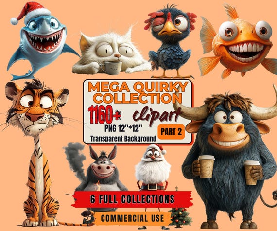 1160+ Mega Quirky Clipart Bundle: Ocean, Jungle, Coffee, Santa (Transparent Background, Commercial Use)