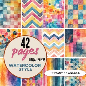 May include: A set of 42 digital papers in watercolor style. The papers feature various geometric patterns and designs in bright colors, including pink, blue, yellow, orange, and green. The text "42 pages" and "Digital Papers" is displayed in a circle in the center of the image.