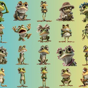May include: A collection of 20 whimsical frog illustrations, each with unique expressions and attire. The frogs vary in color, with shades of green, brown, and tan. Some wear hats, scarves, or floral accents, set against a gradient blue and yellow background.
