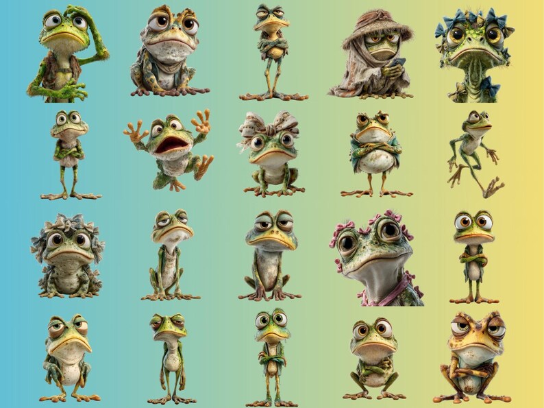 May include: A collection of 20 whimsical frog illustrations, each with unique expressions and attire. The frogs vary in color, with shades of green, brown, and tan. Some wear hats, scarves, or floral accents, set against a gradient blue and yellow background.