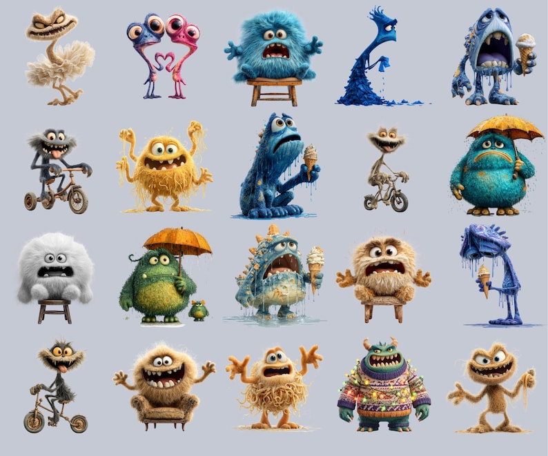 Discover the 130+ Quirky Funny Monster Clipart Bundle featuring silly monster stickers, goofy monster bundle PNGs, and cute monster graphics perfect for kids crafts, monster party clipart, and playful monster designs. Includes monster PNG, cartoon monster art, spooky cute monsters, digital monster PNGs, and colorful monster art for scrapbooking, planners, t-shirt designs, birthday invitations, DIY monster stickers, and print-on-demand projects.