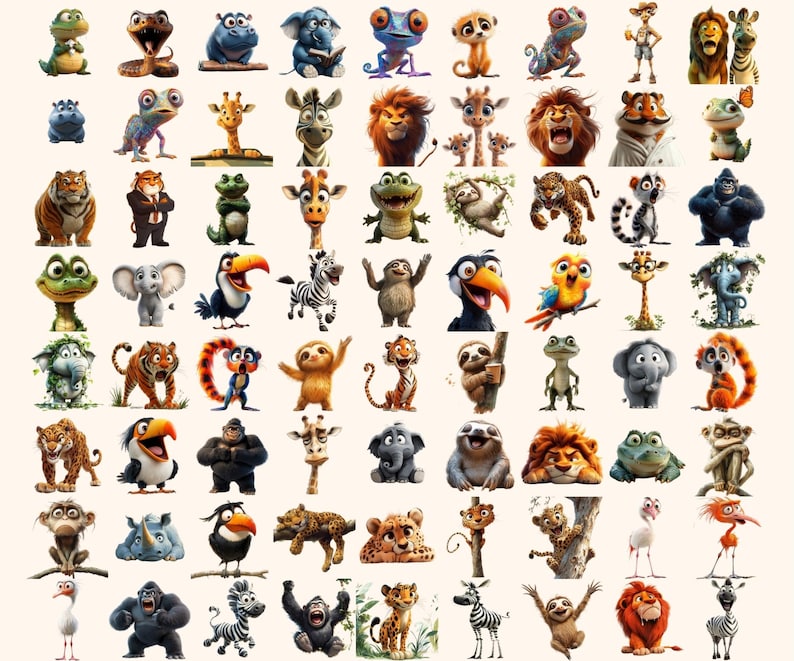 410+ Quirky Jungle Clipart PNG Funny Jungle Clipart - Funny Elongated Illustrations Funny Animal Stickers PNG Quirky Animals Jungle Stickers