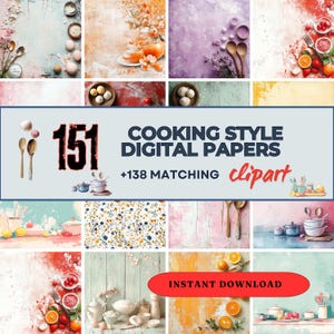 Pacote Mega de Culinária 289 Elements – 151 Papéis Digitais de Culinária + 138 Cliparts Combinando, Perfeito para Diários de Receitas e Arte Digital em Papel para Cozinha