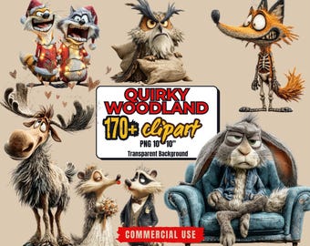 170+ Whimsical Woodland Clipart Bundle: Funny Forest Animal PNGs (Commercial Use - Digital Download)
