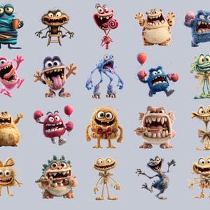 Discover the 130+ Quirky Funny Monster Clipart Bundle featuring silly monster stickers, goofy monster bundle PNGs, and cute monster graphics perfect for kids crafts, monster party clipart, and playful monster designs. Includes monster PNG, cartoon monster art, spooky cute monsters, digital monster PNGs, and colorful monster art for scrapbooking, planners, t-shirt designs, birthday invitations, DIY monster stickers, and print-on-demand projects.