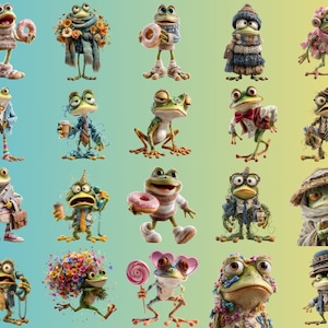 May include: A collection of whimsical frog illustrations, each uniquely styled with clothing and accessories. Frogs are depicted with items like donuts, coffee cups, and hats. The background transitions from blue to yellow.