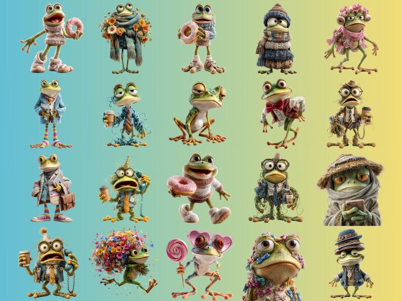 May include: A collection of whimsical frog illustrations, each uniquely styled with clothing and accessories. Frogs are depicted with items like donuts, coffee cups, and hats. The background transitions from blue to yellow.