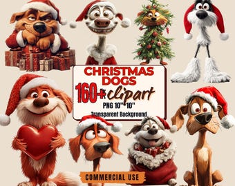 May include: A collection of 160+ Christmas dog clipart images. The images feature dogs wearing Santa hats, holding hearts, and dressed as Christmas trees. The images are PNG format and have a transparent background.  The text "Christmas Dogs 160+ clipart PNG 10"x10" Transparent Background Commercial Use" is displayed on the image.