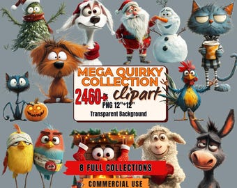 2460+ Quirky Animals Birds Halloween Christmas Clipart Mega Bundle - Funny Cats Dogs Farm Animals More PNGs Quirky Clipart Funny Stickers