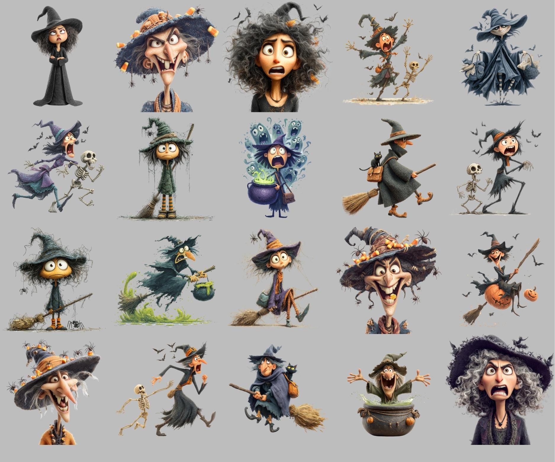 Funny Witch Clipart Bundle: Spooky Halloween PNG Stickers (commercial ...