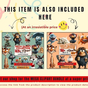 May include: A digital art bundle advertisement featuring two collections of quirky clipart. The first collection includes 3620+ clipart images, and the second includes 1160+ clipart images. The text reads "This item is also included here" and "Visit our shop for the MEGA CLIPART BUNDLE at a super price!"