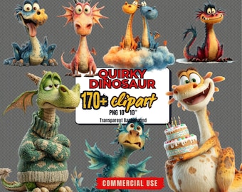 170+ Funny Dinosaur Clipart Bundle: Quirky Cartoon Dino PNG (Commercial Use, Digital Download)