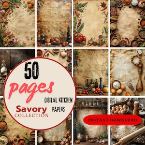 50 páginas imprimibles Vintage Cooking Kitchen Colección salada de papel digital, páginas de libros de cocina de fondo, álbumes de recortes, libro de recetas para hacer tarjetas