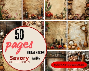 50 Pages Printable Vintage Cooking Kitchen Digital Paper Savory Collection, Background Cookbook Pages, Scrapbooking, Card Making Recipe Book