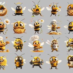 90+ funny bee clipart PNG bundle featuring quirky bumble bee stickers, cute cartoon bees, silly honeybee illustrations, whimsical bee art for scrapbooking, crafts, greeting cards, digital downloads, social media, POD & DIY projects. Transparent background, high-res 300 DPI.
