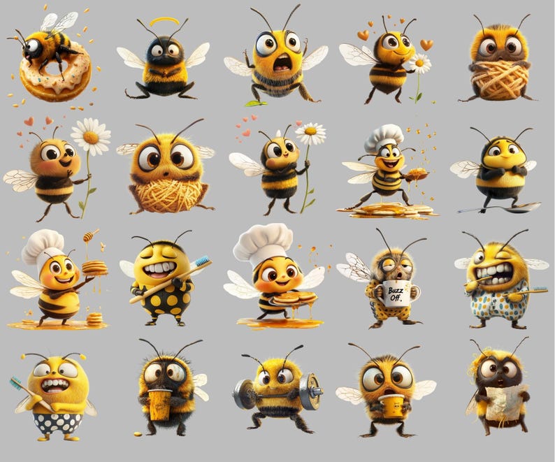 90+ funny bee clipart PNG bundle featuring quirky bumble bee stickers, cute cartoon bees, silly honeybee illustrations, whimsical bee art for scrapbooking, crafts, greeting cards, digital downloads, social media, POD & DIY projects. Transparent background, high-res 300 DPI.